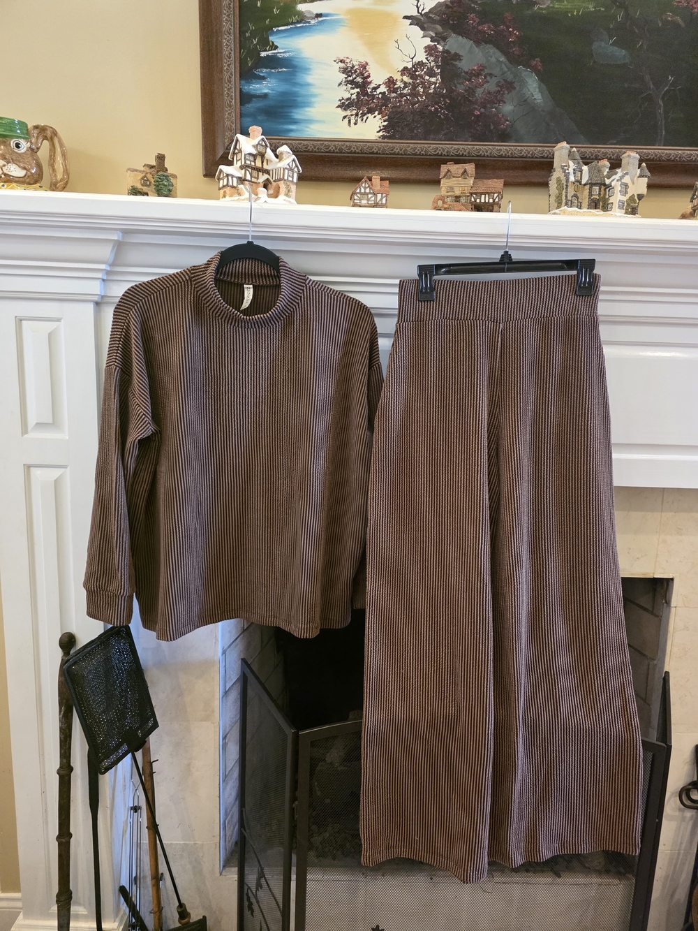 Zenana Outfitters Brown Ribbed Knit Top & Wide-Leg Pants